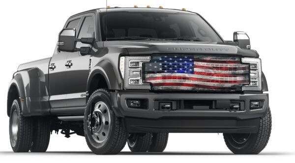Black pickup truck with an American flag graphic on the grille equipped with Pickup/SUV/Van Bug Screen: Flag Old Glory.