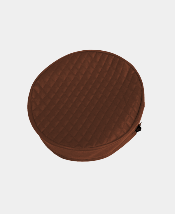 Brown circular padded case with a zipper on a white background.
