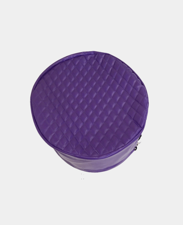 Purple round zippered case on a white background.