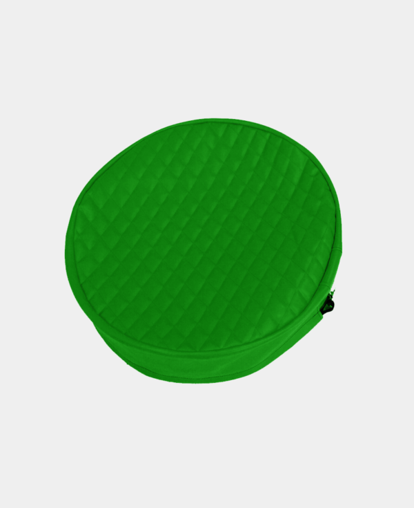 Green circular padded case with a zipper on a white background.