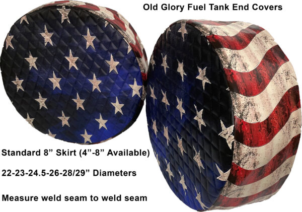 Fuel tank end covers with an american flag design, available in various sizes with an 8" skirt option.