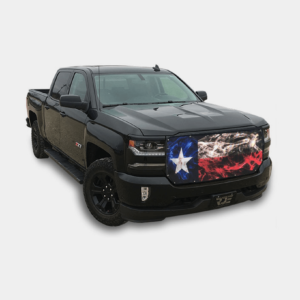 Black pickup truck with an american flag and blue star graphic on the hood.