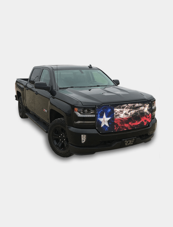 Black pickup truck with an american flag and blue star graphic on the hood.