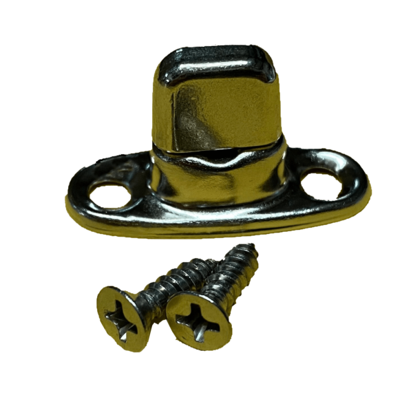 Metallic hat-shaped object with two accompanying screws on a green background.