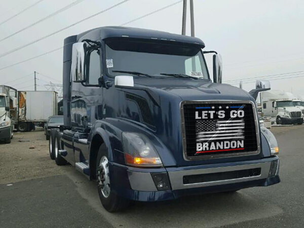 A blue Let's Go Brandon! - Semi Truck Mesh Bug Screen with a "let's go brandon" banner on the front grille.