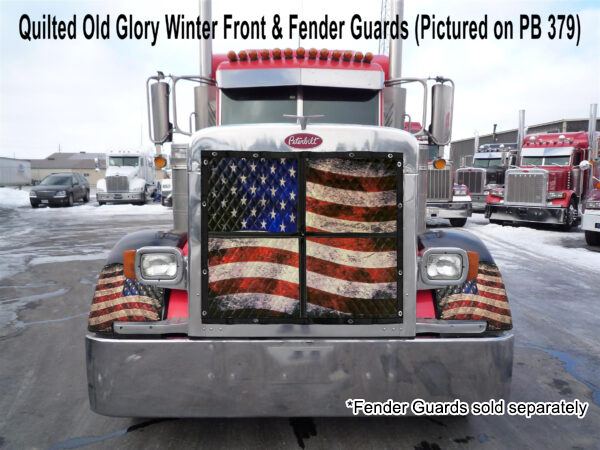 Semi-truck featuring a Winter Front: Heavy Duty Quilted 2-Zip Old Glory design on its front grille and fender guards in a snowy lot.