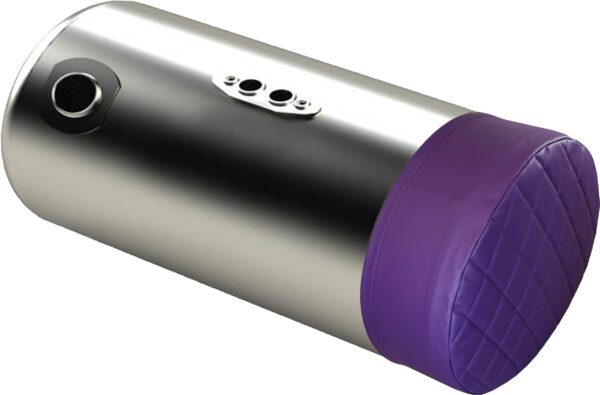 Stainless steel tank with purple cover.