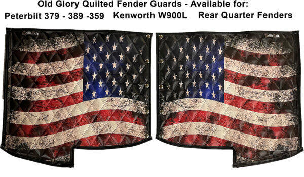 Pair of quilted Fender Guards with an American flag design for Peterbilt 379 and Kenworth W900L trucks.
