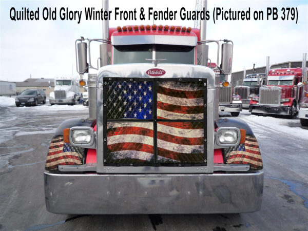 A semi-truck equipped with a quilted winter front designed with an american flag pattern, known as "quilted old glory," and Peterbilt 379 Old Glory fender guards.