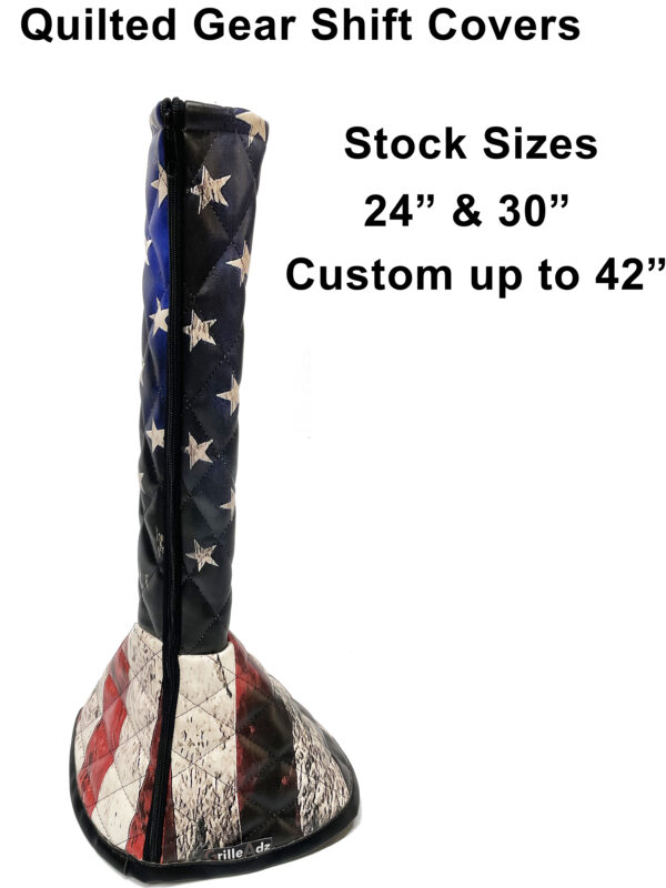 Old Glory quilted gear shift cover available in stock sizes of 24 and 30 inches, with custom sizes up to 42 inches.