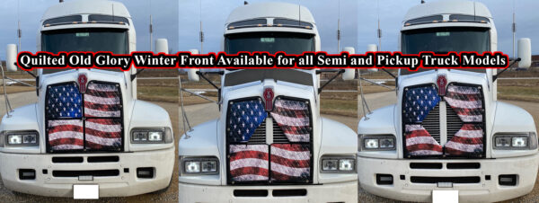 Three white trucks displaying an Old Glory Winter Front: 2-Zip Quilted with an american flag design.