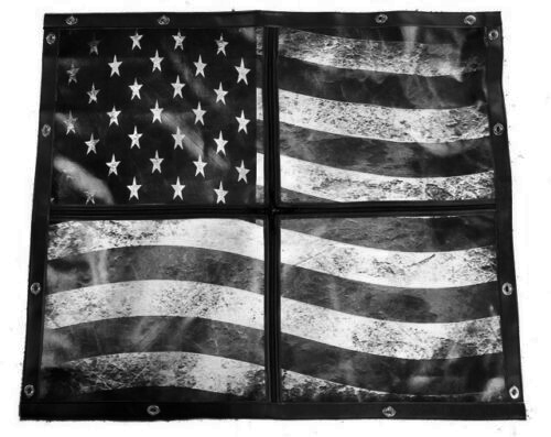 A black and white photo of an american flag.