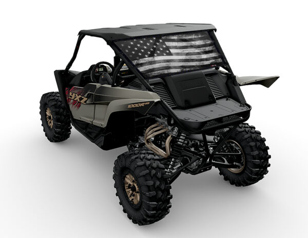 Black off-road UTV/Side by Side Rear Dust Screen with an American flag design on the roof.