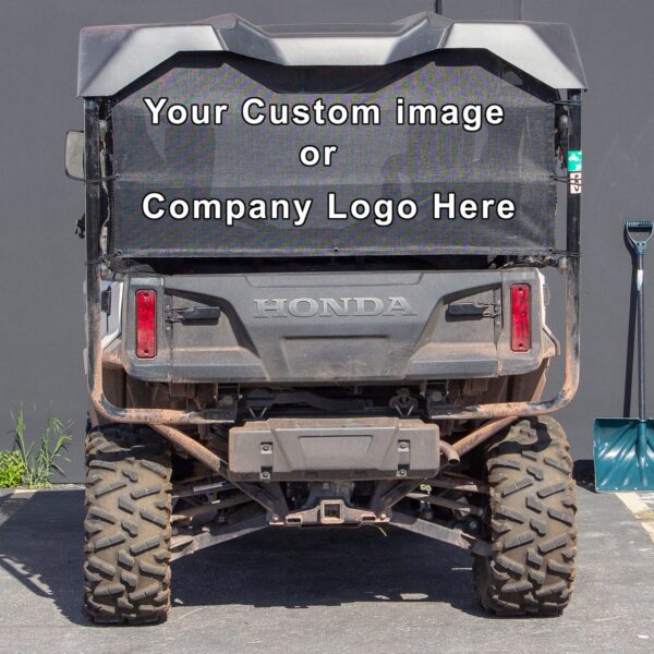 Rear view of a honda utility vehicle with an advertisement for custom image or company logo placement.