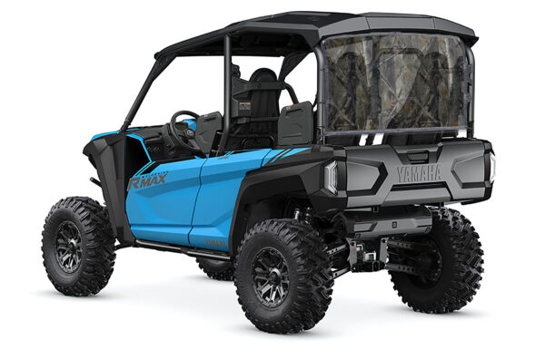 A blue and black yamaha viking vi side-by-side utility vehicle with a protective roof and camouflaged UTV/Side by Side Rear Dust Screen.