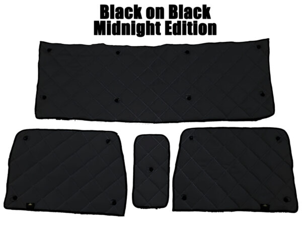 A set of ZenEclipse Premium Window Covers for Semi Trucks displayed against a white background with text "black on black midnight edition".