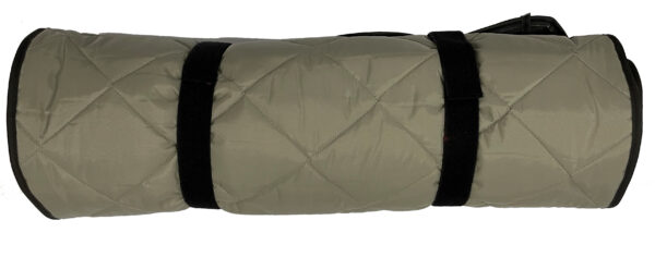 Quilted cylindrical storage case with black straps.