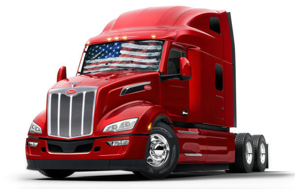 ZenEclipse Premium Window Covers for Semi Trucks with american flag on the grill against a white background.