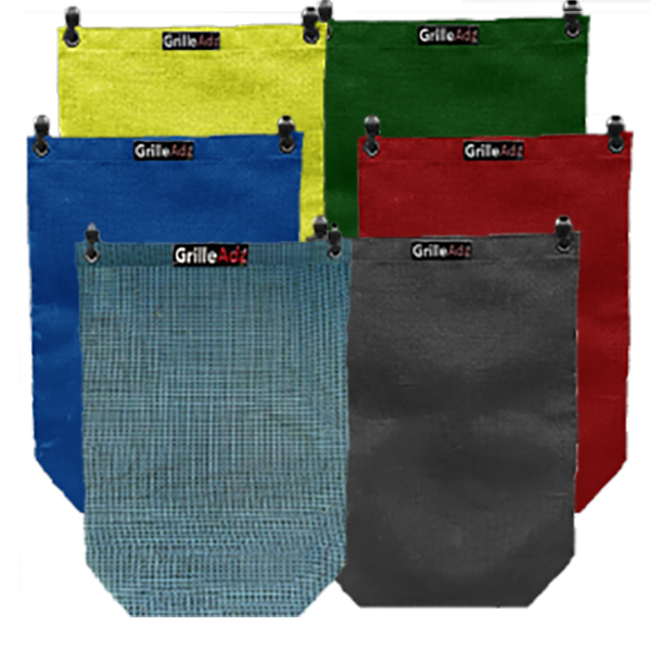 Five Outdoor Solid Color Mesh Trash Utility Bags in various colors displayed against a neutral background.