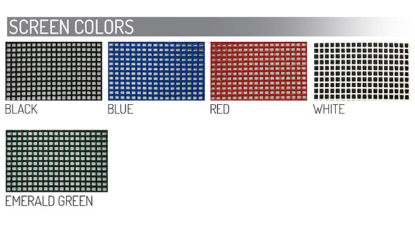 Diagram illustrating examples of screen colors including black, blue, red, white, and emerald green, represented by arrays of Outdoor Solid Color Mesh Trash Utility Bags.