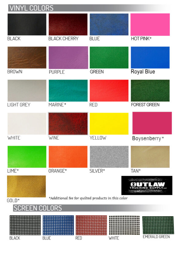 A color chart showcasing a range of vinyl colors and screen colors for customization options.