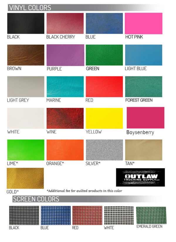 A chart showcasing a variety of vinyl and screen colors available for products, with asterisks indicating additional fees for quilted items.