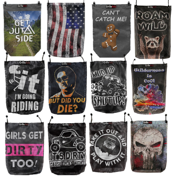 A collection of themed fabric banners with various printed statements and graphics related to outdoor activities and humor.