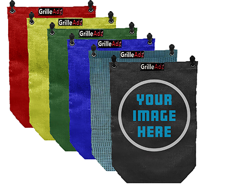 Five colorful tote bags with a placeholder for a custom image on the Outdoor Custom Image Mesh Trash Utility Bag.