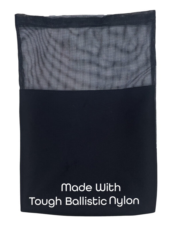 A black mesh bag with white writing on it.