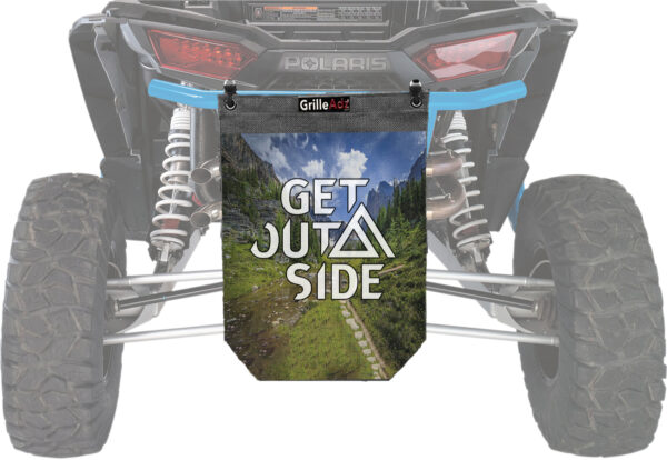 A rear view of the back of a vehicle with a banner on it.