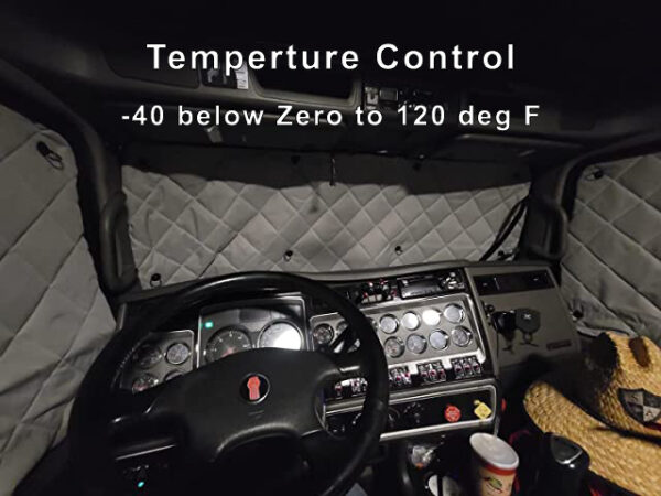 Interior of a commercial truck cabin with temperature control features displayed, featuring ZenEclipse for Peterbilt.