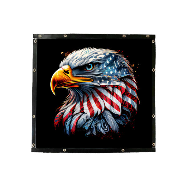 An illustration of a American Eagle - Bug Screen with the american flag patterned on its feathers, displayed on a fabric panel with riveted corners.