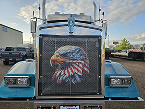 Front view of a blue semi-truck with an American Eagle - Bug Screen on its grille.