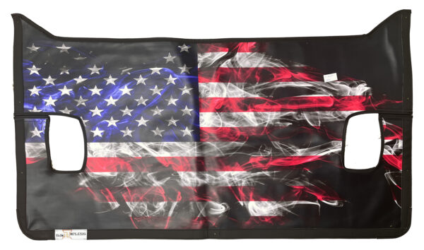 An Junk In The Trunk Cover- Jeep Wranger JL(2018-2023) 4 Door wrapped with a graphic overlay of the american flag and a smoky, translucent effect.