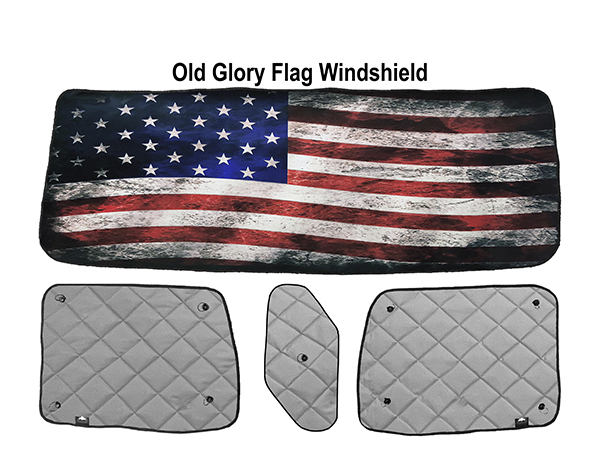 A picture of an old glory flag windshield.