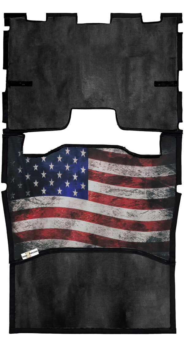 Black TopLess Tops- Jeep Wrangler JL (2018-2023) 4 Door Sun Shade with an american flag design in the center.