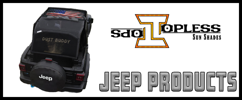 A banner of jeep products with a jeep on it and on white background