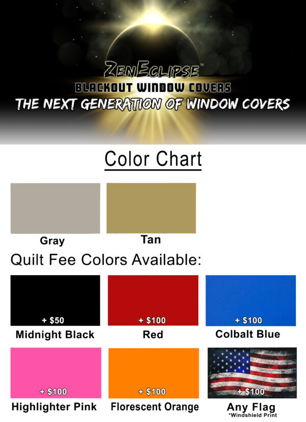 An advertisement for ZenEclipse for Hino blackout window covers featuring a color chart with additional cost for special colors.