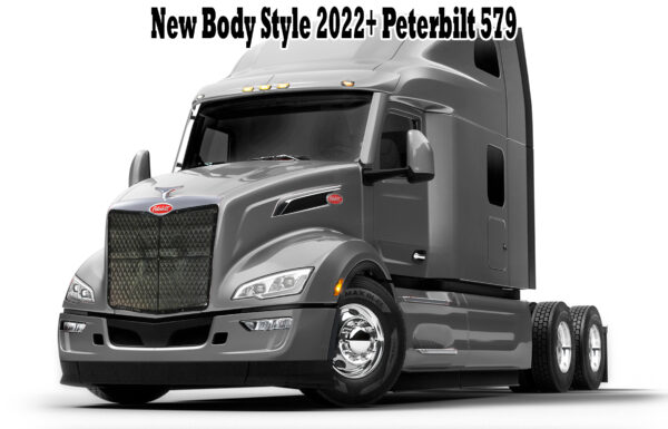 A gray truck with the words " new body style 2 0 2 2 peterbilt 5 7 9 ".