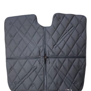 A black quilted seat cover with four pockets.