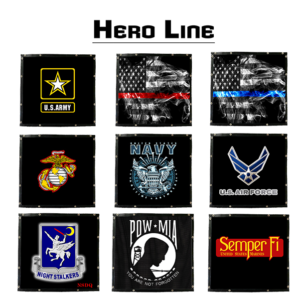 A collection of military patches with the words hero line.