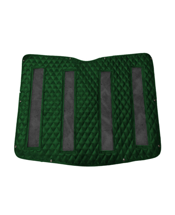 A green and black seat cushion with four strips.