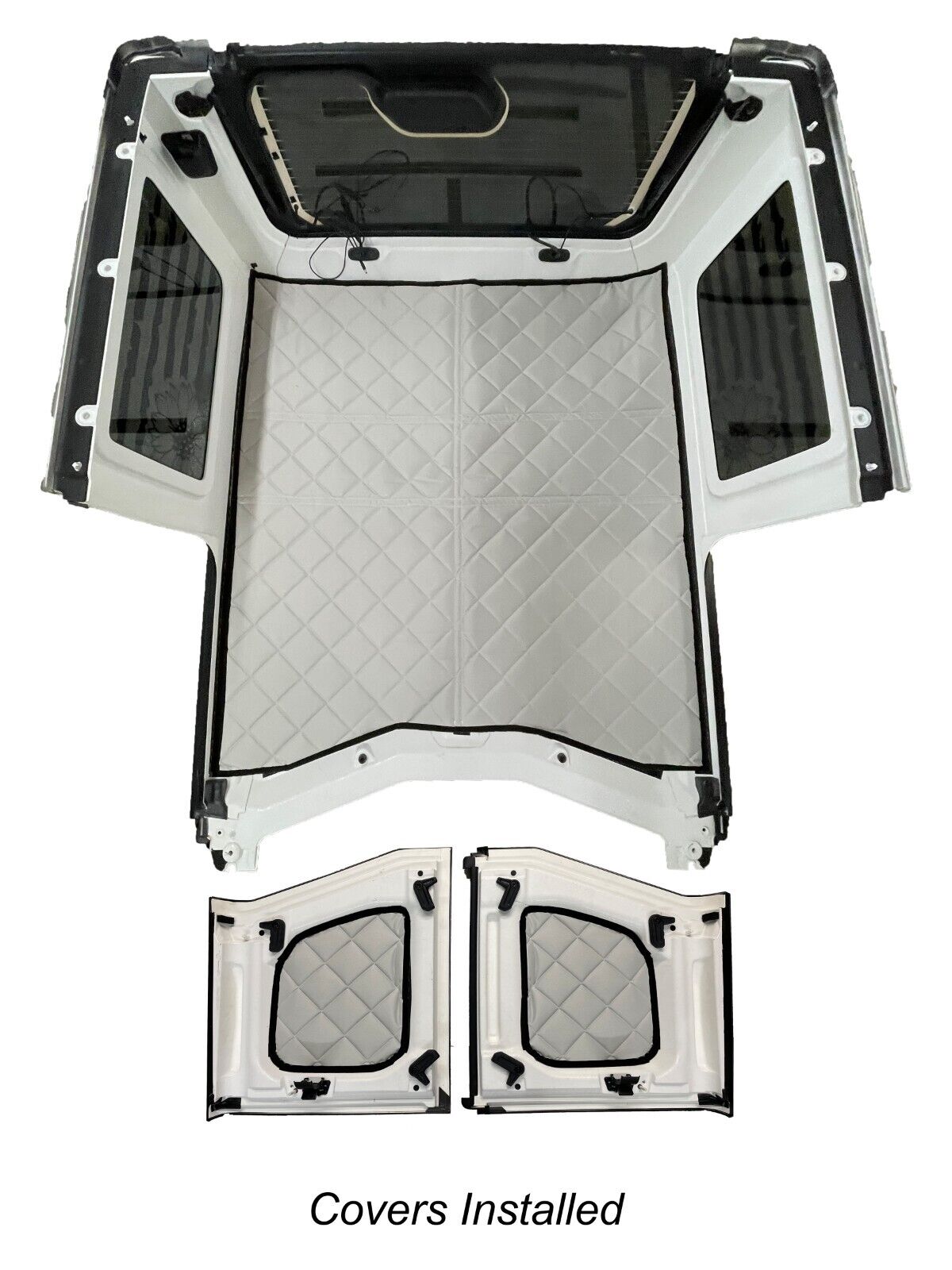 Overhead view of a vehicle's interior ceiling and door panels with ZenEclipse Headliners for Jeep-3 Piece Set installed.