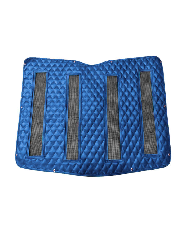 A blue seat cushion with four black stripes.
