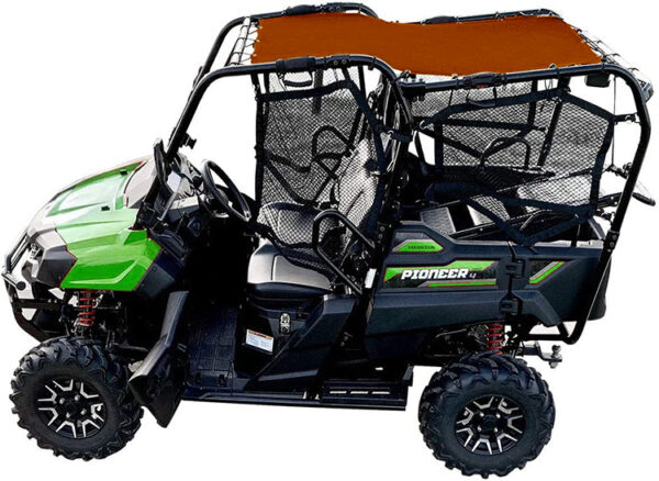 A green utility vehicle with an orange top.