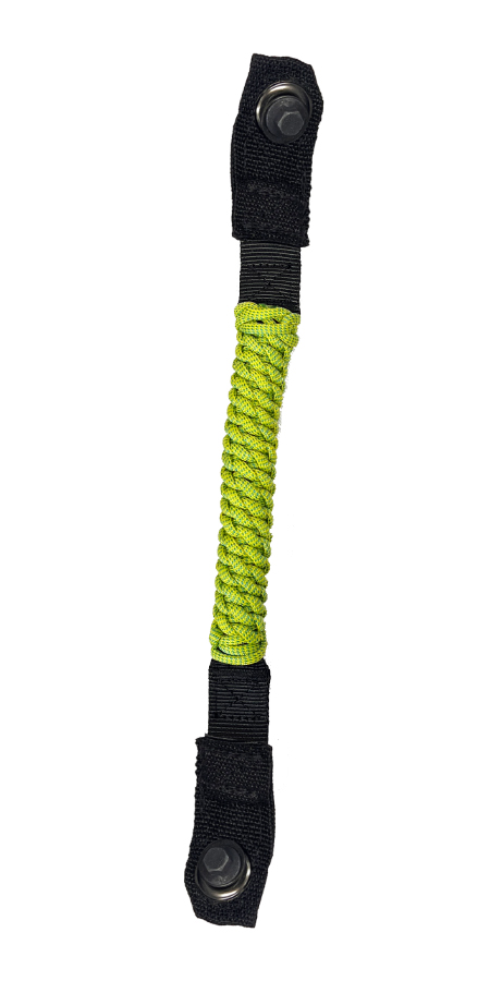 A green rope is wrapped around the handle of a dog leash.