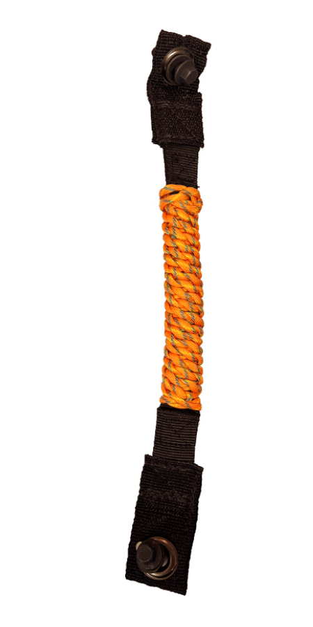 A rope handle with an orange cord hanging from it.