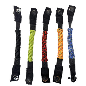 A group of five different colored cords with black straps.