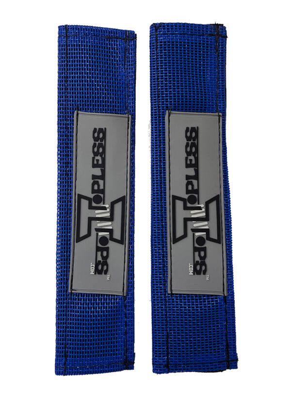 A pair of blue straps with grey and black logo.