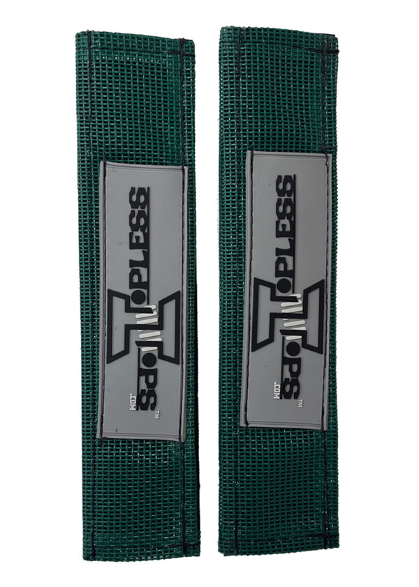 A pair of green straps with silver and black logo.